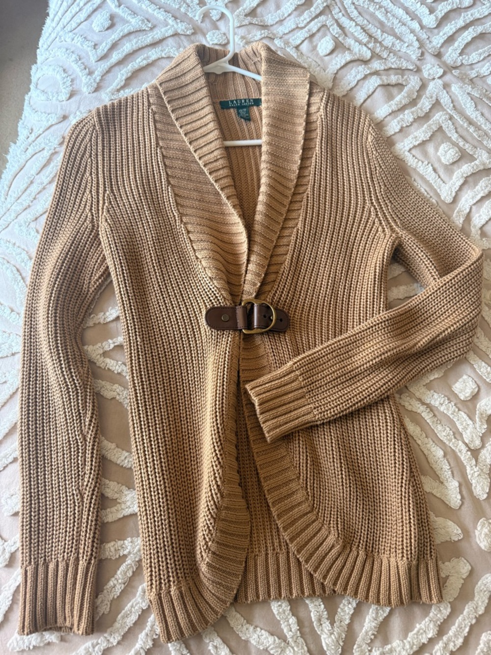 Ralph Lauren Tan Shawl-Collar Buckle Front Knit Cardigan XS 🤎